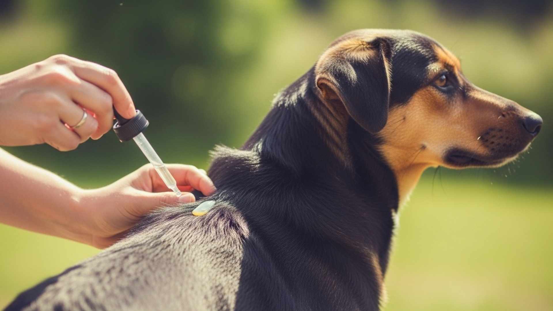 persona poniendo pipeta a perro